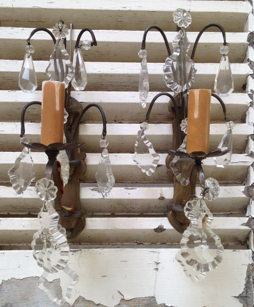 old french brass and crystal sconces